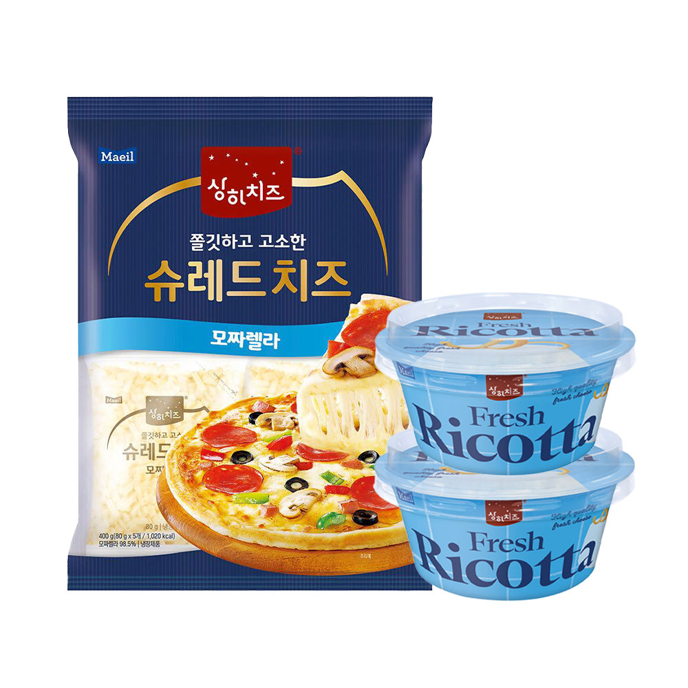 상하치즈 2종 (상하치즈 모짜렐라 피자치즈 400g + 리코타 치즈 150g 2개)_냉장