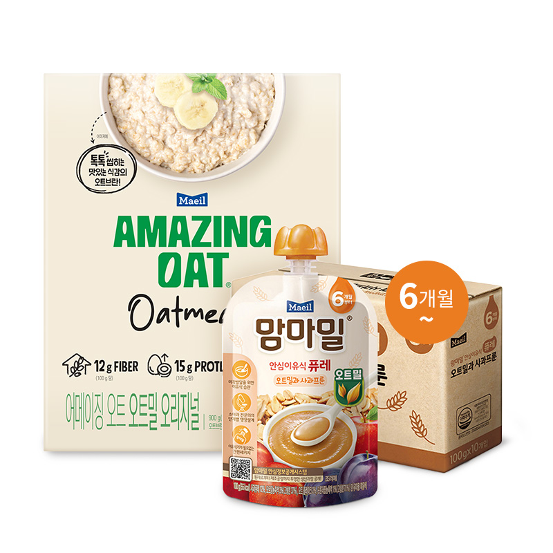 맘마밀 안심이유식 퓨레 오트밀과 사과프룬 100g 10팩 + 어메이징 오트 오트밀 900g