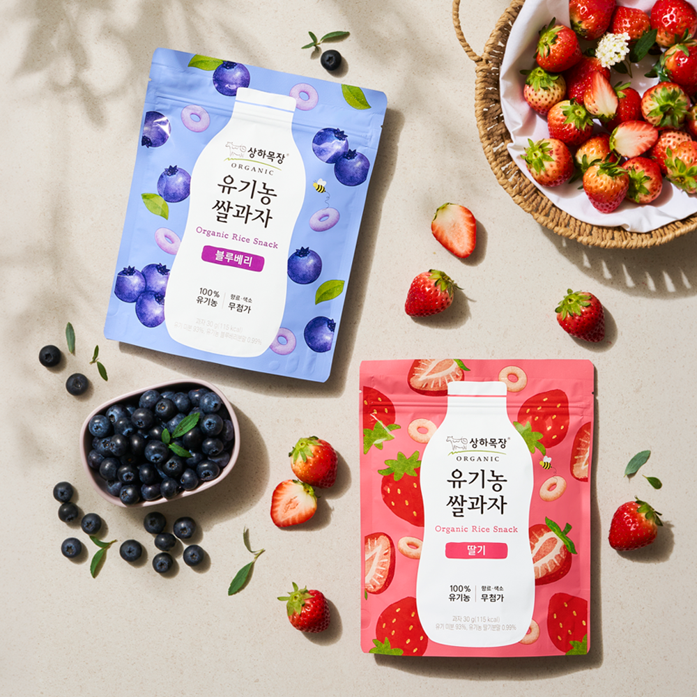 [맛보기세트] 상하목장 유기농 쌀과자 30g 4봉 (딸기 2봉 + 블루베리 2봉)