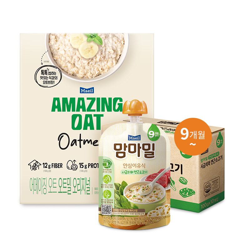맘마밀 안심이유식 시금치와 연근소고기 100g 10팩 + 어메이징 오트 오트밀 900g