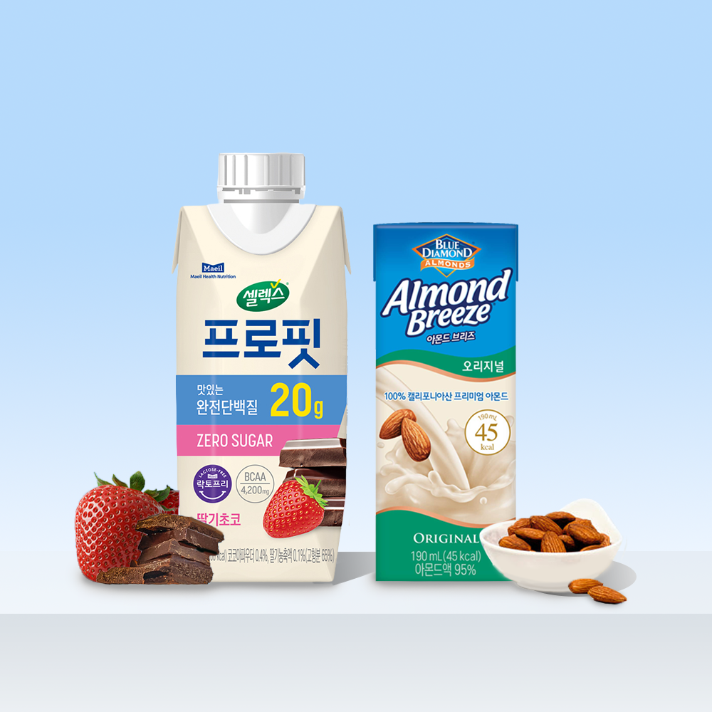 셀렉스 프로핏 완전단백질 음료 딸기초코 250ml 18팩 + 아몬드브리즈 오리지널 190ml 24팩